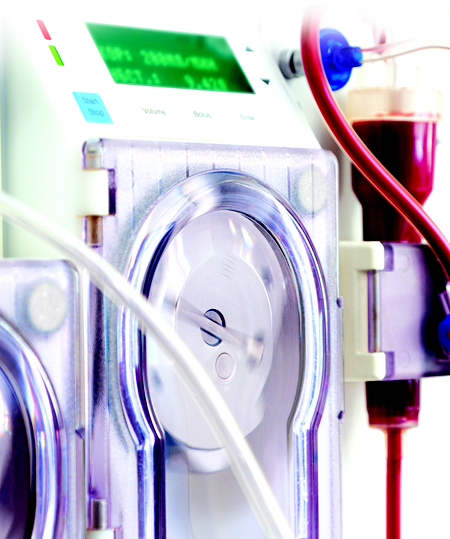 dialysis machine that is actively being used with measuring blood flow